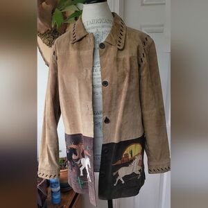 Vintage Quaker Factory Suede Jacket Desert Running Horses Western Small